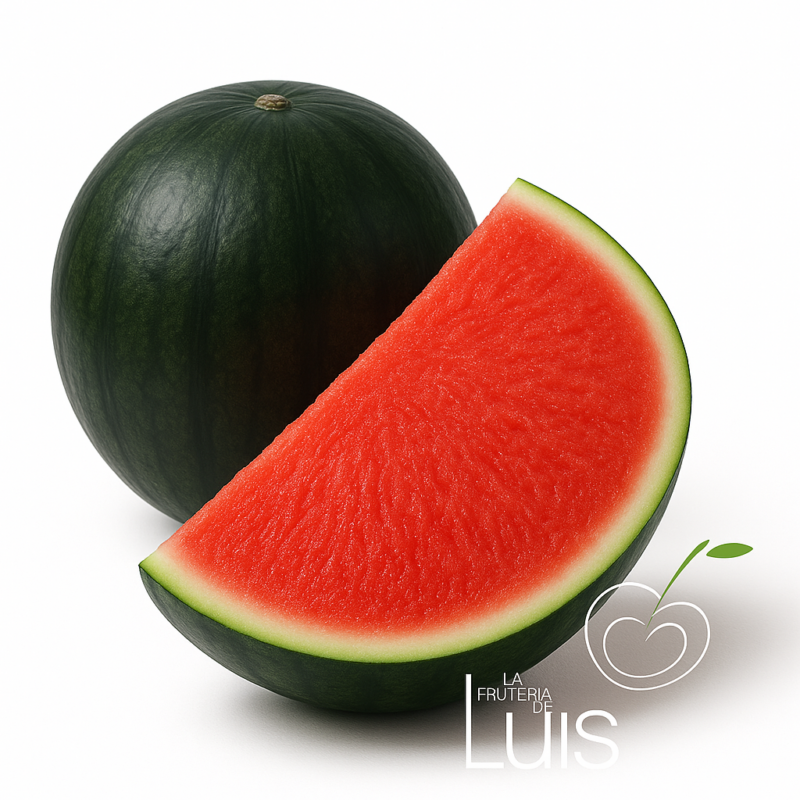 Sandía negra sin semilla con logotipo La Frutería de Luis sobre fondo blanco, fruta fresca a domicilio en Madrid